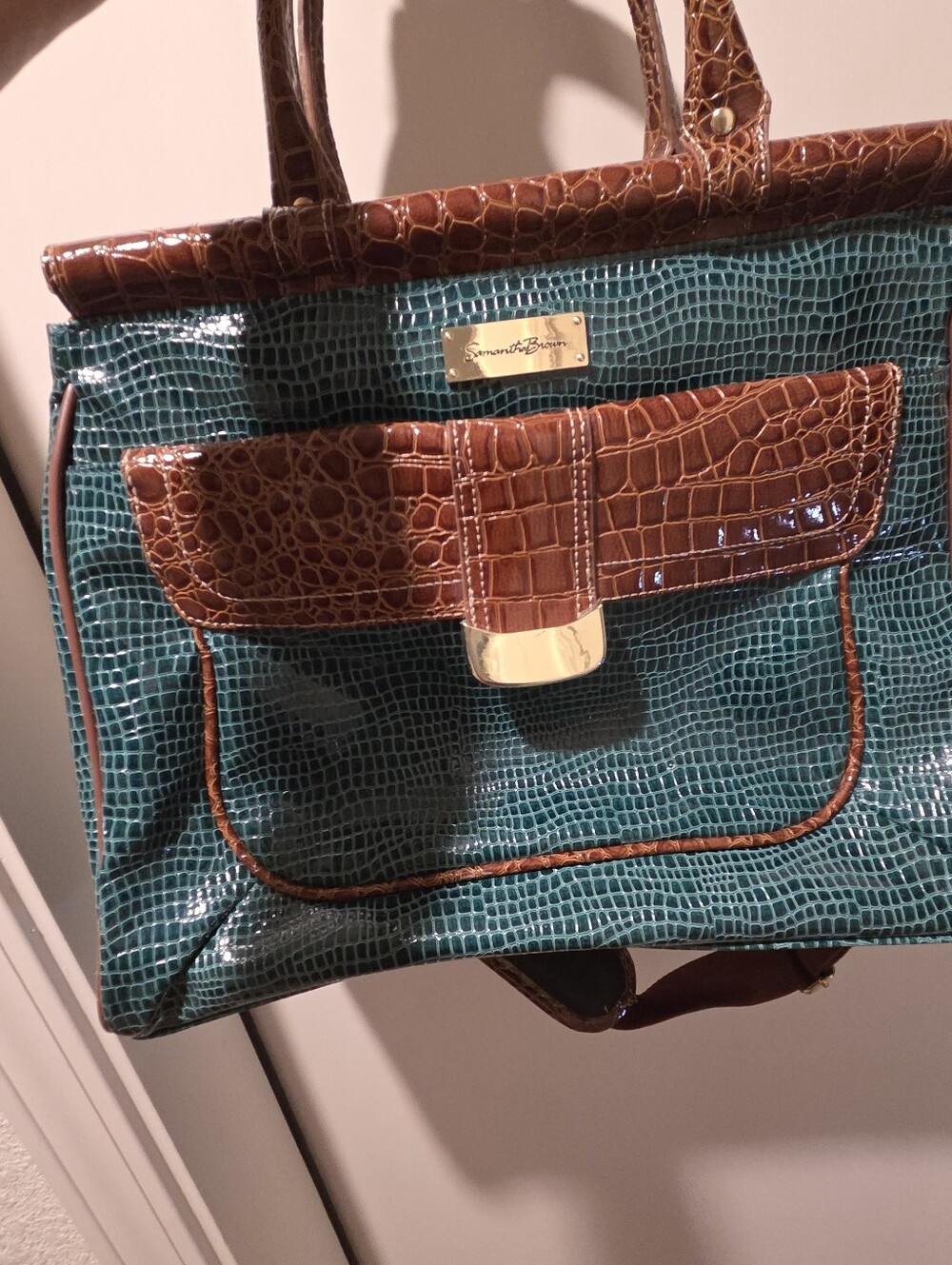 Samantha Brown Teal and Brown Croc-Embossed Tote